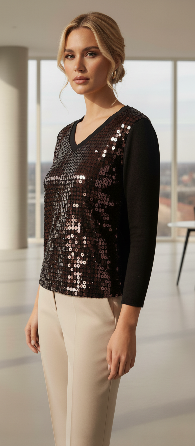 0519 top col V sequins en élasthanne confortable et ajusté pour le quotidien ou les sorties