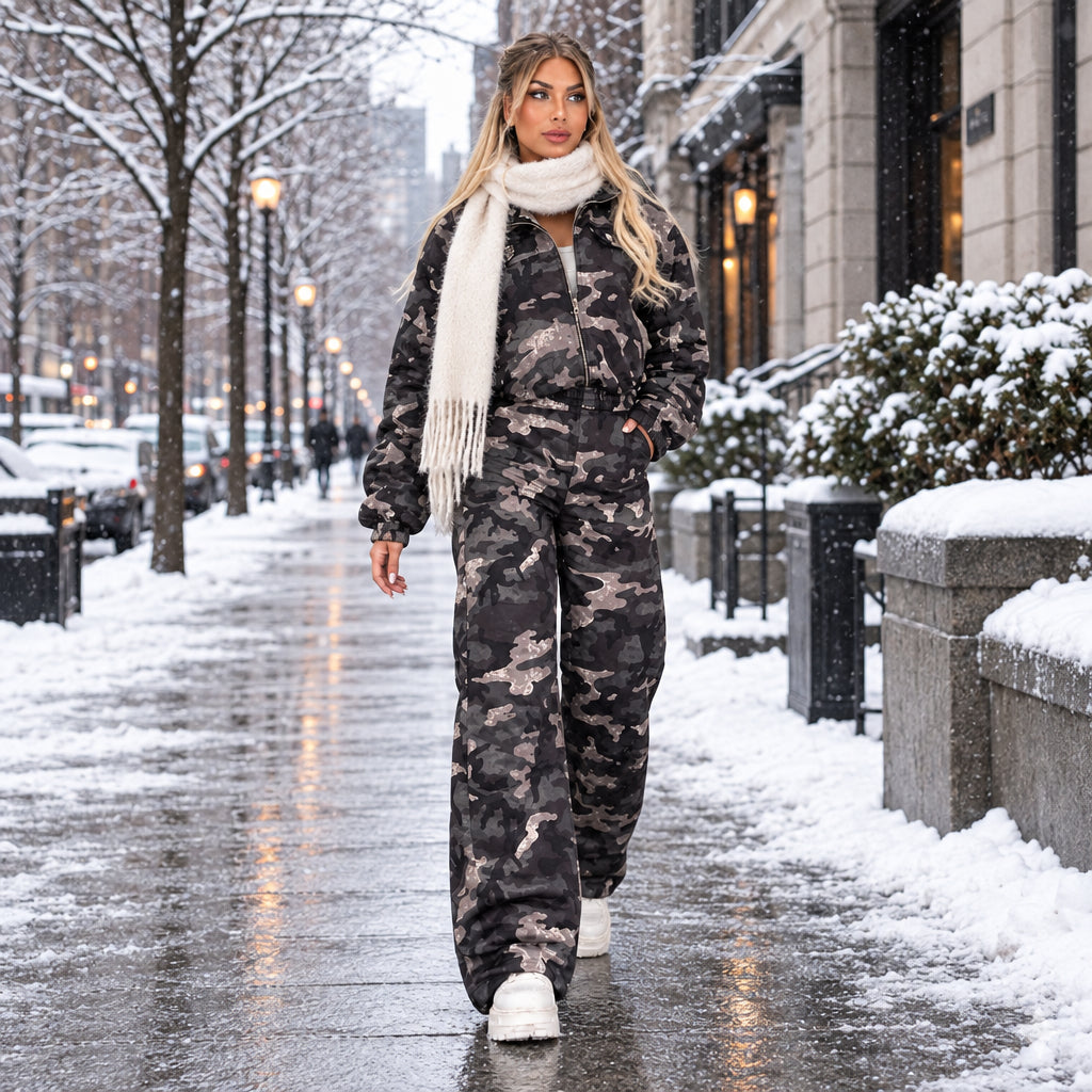 Ensemble camouflage 2172 – Tatu Fashion deux pièces femme avec veste courte zippée à col montant et pantalon large taille haute, style streetwear chic pour les tenues urbaines