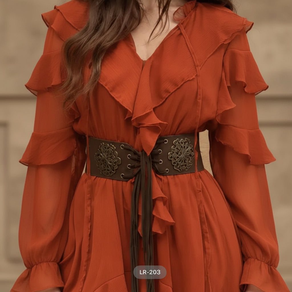 LR203 ceinture corset large en cuir marron style bohème et médiéval pour femme avec laçage frontal à œillets, ornements métalliques sculptés vintage et longs liens suspendus élégants pour cintrer robes et tuniques avec style