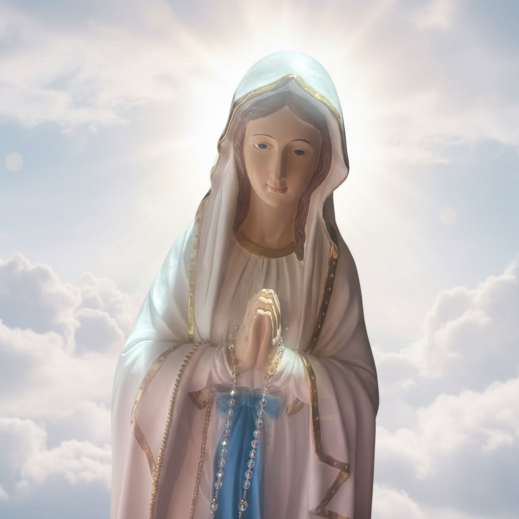 statue notre-dame de lourdes 120 cm sur socle bénie et passée sous la grotte visage paisible voile blanc dore robe blanche ceinture bleue grand chapelet dore oratoire collection priere tres belle taille