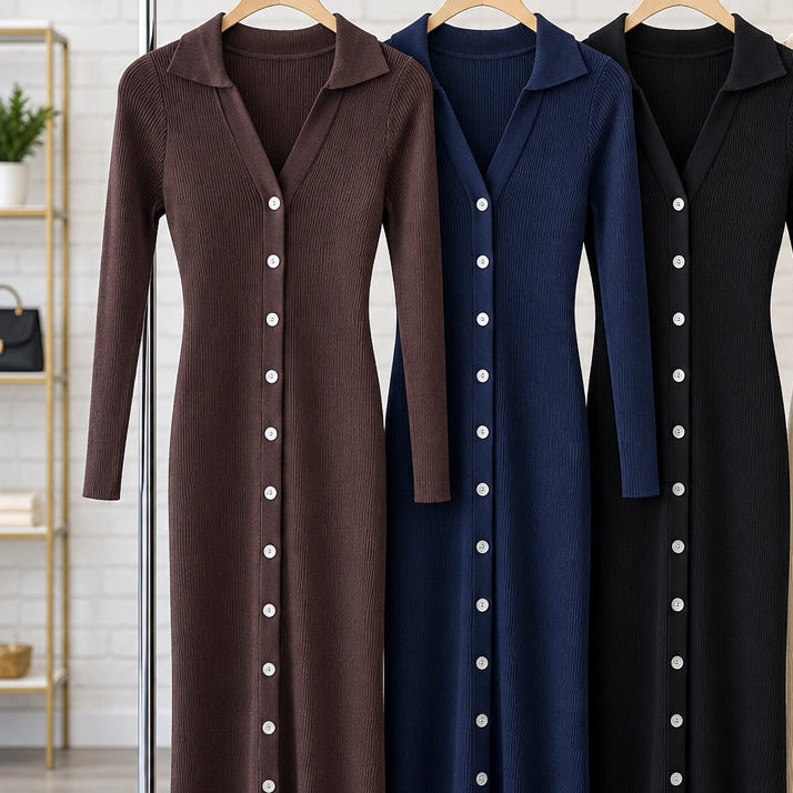 Robe polo AG65808 – robe longue femme en maille côtelée à col chemise et boutonnage devant, manches longues et coupe ajustée, style chic pour l&