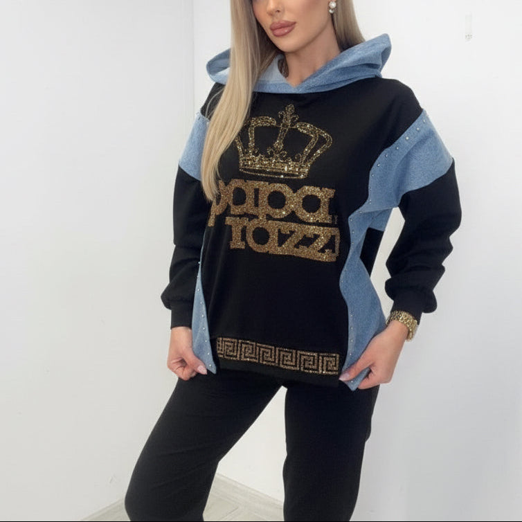 PAPARAZZI 0045 Ensemble 2 pièces jogging noir premium avec capuche en denim et détails dorés, survêtement chic orné d&