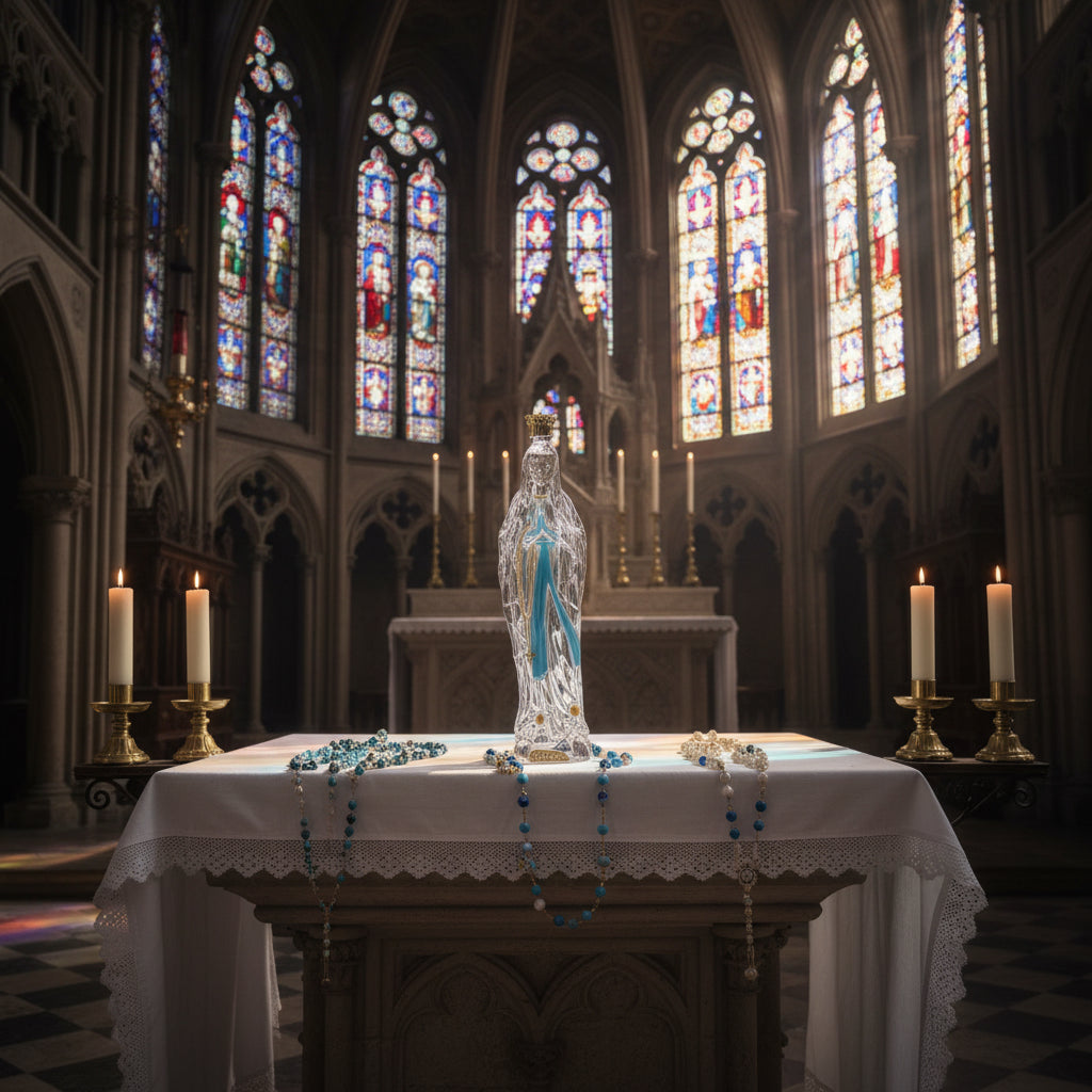Bouteille sainte en verre forme de la vierge marie d’eau de lourdes authentique bénite par un prêtre et passée sous la grotte dévotion spirituelle sanctuaire sanctuaire pèlerinage souvenir religieux