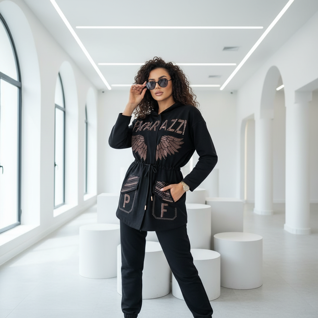 Paparazzi Fashion 0076 Ensemble parka femme avec veste longue noire à capuche et pantalon coordonné, ailes en strass, détails bijoux et taille réglable par cordon, tenue urbaine chic vêtement femme de la collec
