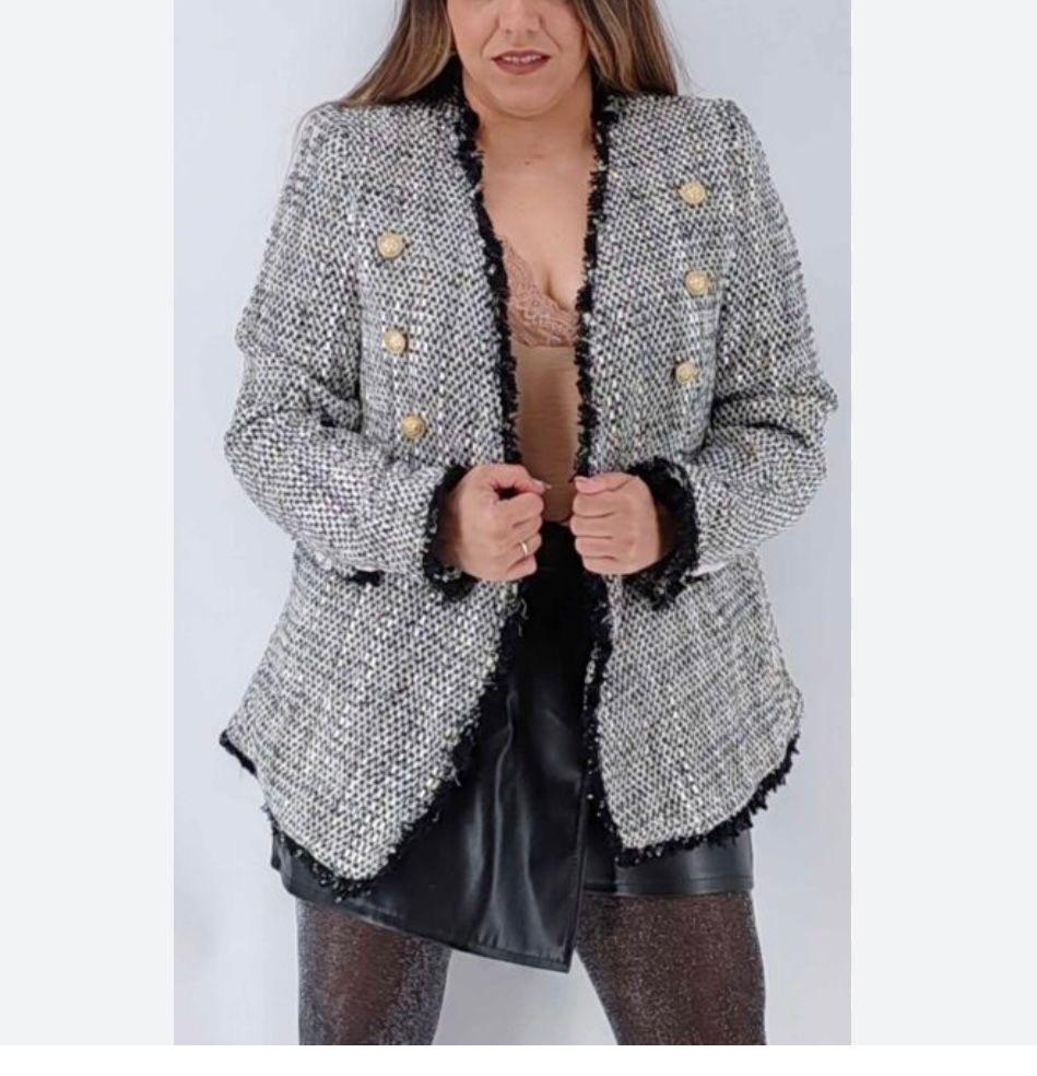 POPUP O29 Veste Blazer Blanche et Noire Demi Saison Double Boutonnage Liseré Noir Poches et Poignées pour Looks Semi-Formels