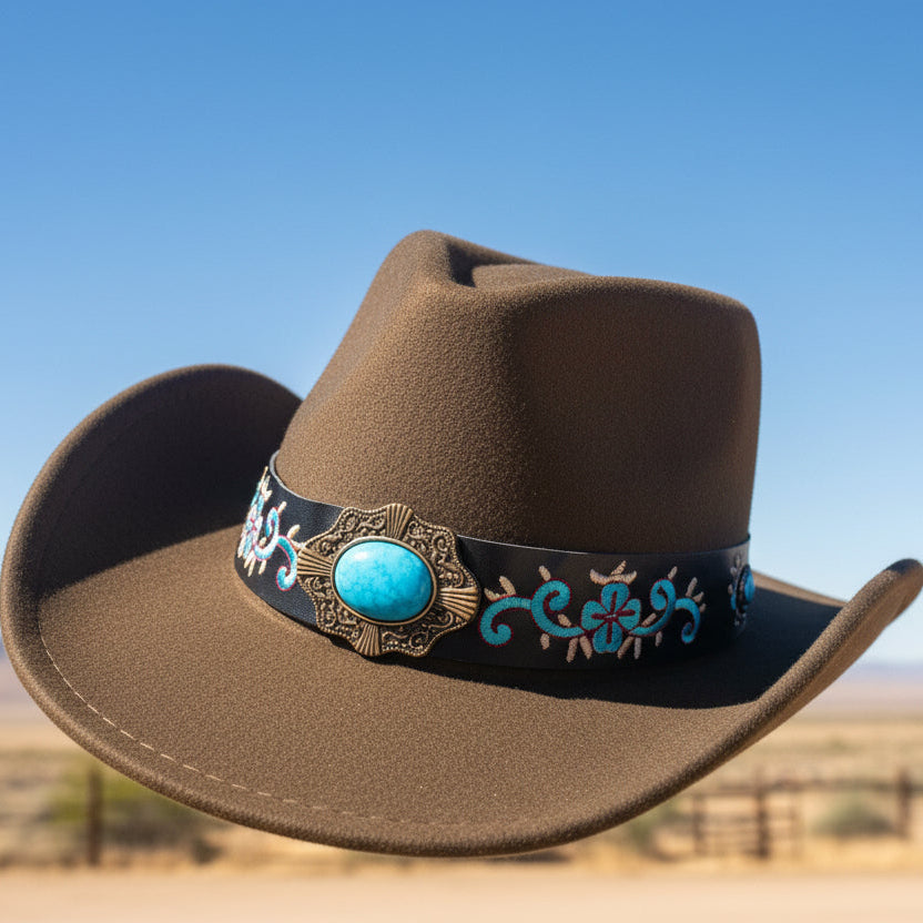 CHAPEAUX de cow-boy style western chic 902 et bohème avec bandeau brodé floral, médaillon central travaillé et finitions premium. l&