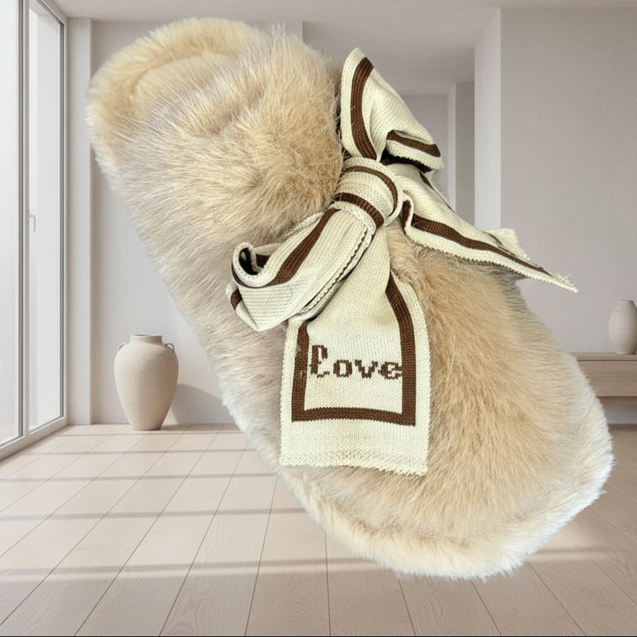 JCG2 Chaussons Doux et Confortables en Fourrure Synthétique Noir Beige Marron Ruban Imprimé Love pour Chaleur Confort et Style à la Maison