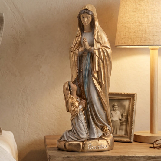 Lourdes Vierge Marie EVNL 36G EVNAP 25 EVNAP 20 statues en résine dorée et écrue de Notre Dame de Lourdes, modèle seul ou avec Bernadette Soubirous, tailles 20 25 et 36 cm pour la prière et la décoration religieuse