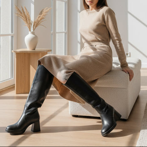Bottes élégantes 9612 – bottes hautes en similicuir à talon épais