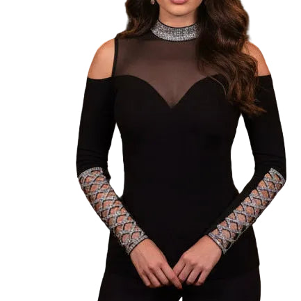 Top raffiné 2263 – haut femme avec col orné de strass argentés, décolleté en tulle et avant-bras ajourés soulignés de strass, pièce chic et originale pour une soirée ou une tenue élégante