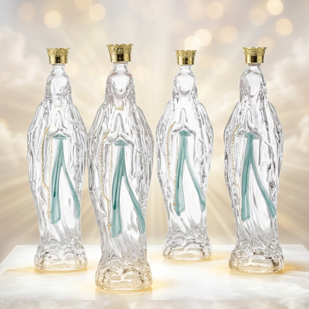 Verre sacré – Vierge Marie de Lourdes 25 cm, flacon religieux transparent en forme de Notre-Dame, avec ou sans O de la grotte de Lourdes, souvenir catholique de pèlerinage et de prière