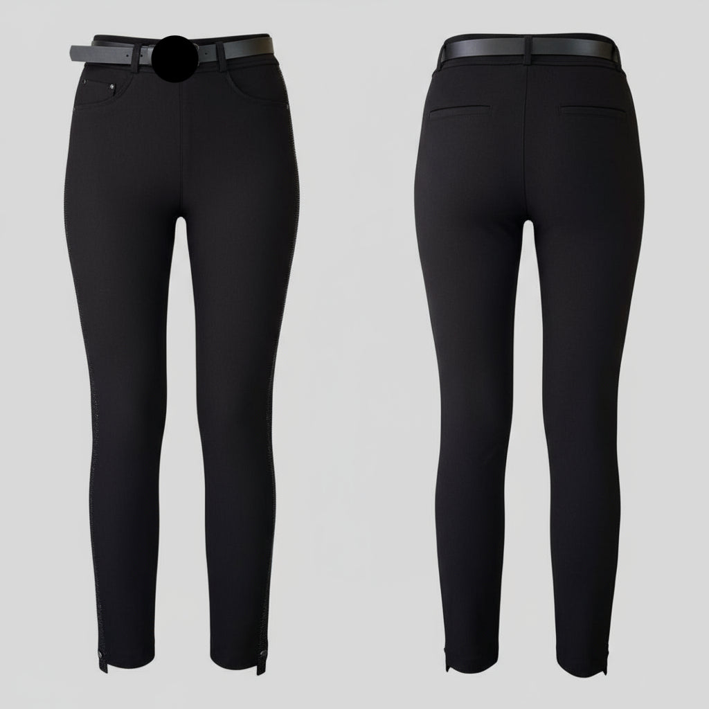 Pantalon chic 1710 – pantalon slim noir à bandes de strass et ceinture