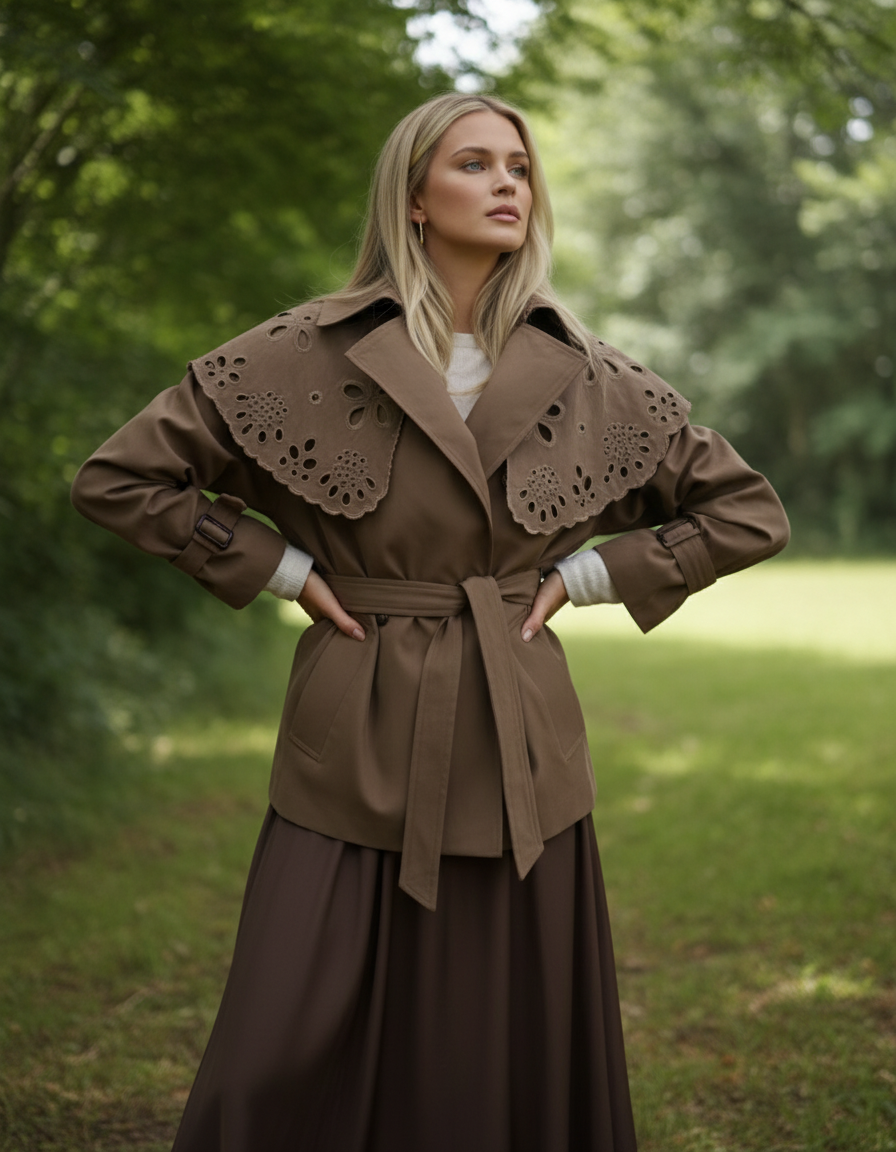 MX083 Veste Demi-Saison en Suédine avec Collerette Ajourée et Ceinture Intégrée pour un Ajustement Personnalisé et Confort Doux