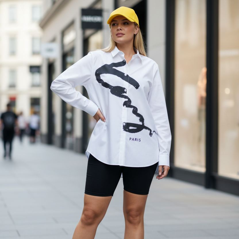 POPUP Chemise Oversize en Bleu Marine et Blanc avec Inscription en Sequins Style Jean Léger Taille Unique 38 ou 48 Look Décontracté et Chic