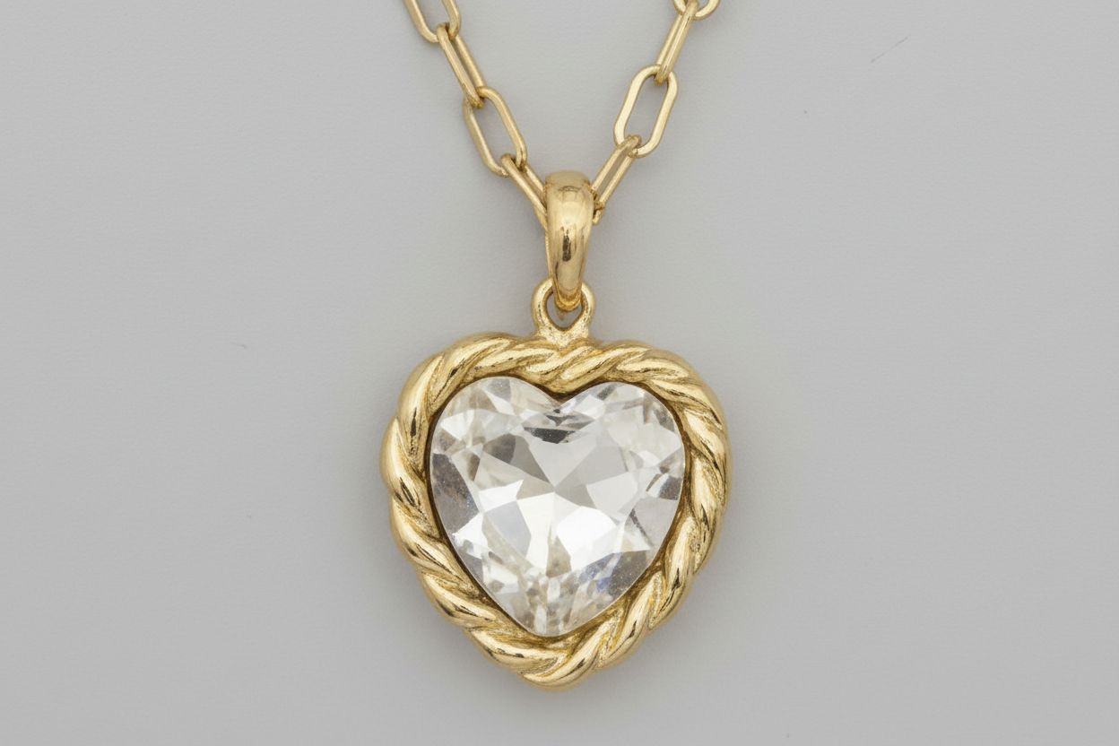 T004 NIIKI PARIS Collier coeur techni transparent couleur disponible Crystal (blanc) vert,bleuet rouge.Boucles d oreilles assorties ( En stock ou sur précommande)