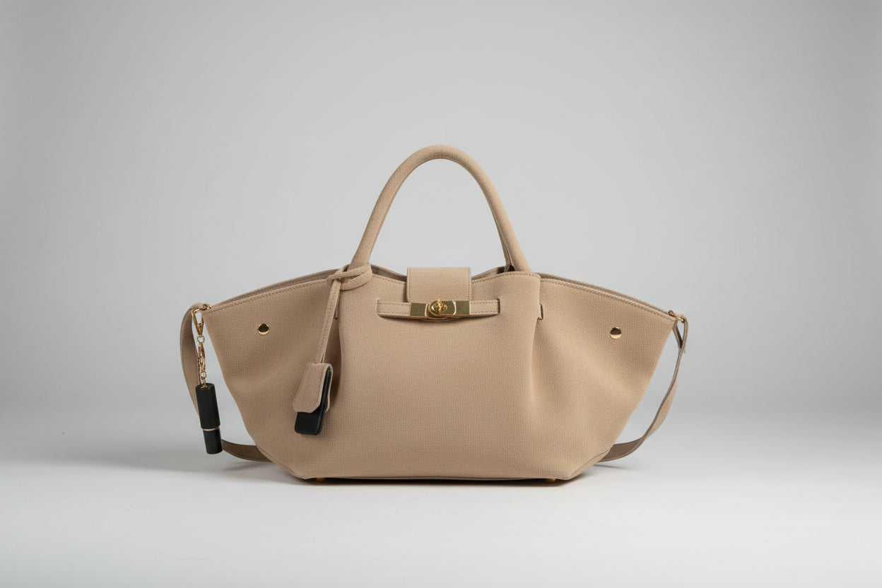 1052 sac en daim(cuir retourné et traité)  très bonne qualité avec une boucle DORE pour fermeture à se et bamdouiliere(30cm de large sur 20 de haut)