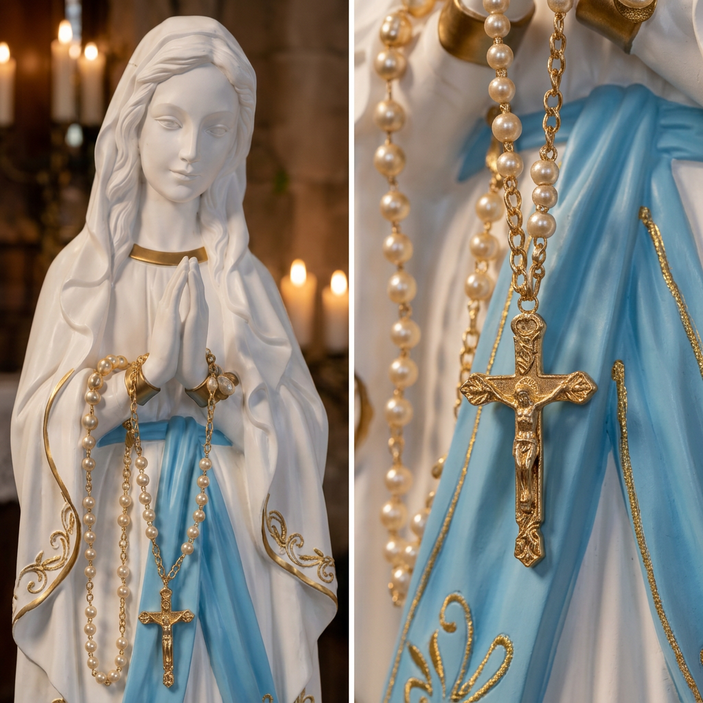 Lourdes Vierge Marie EVNL 120 BB EVNL 60 BB EVNL 46 BB EVNL 30 BB EVNL 25 BB EVNL 20 BB statue de Notre Dame de Lourdes blanche et bleue en résine, chapelet et détails dorés, tailles 20 à 120 cm pour la prière