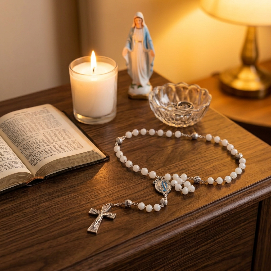 Chapelet de Lourdes blanc et plaqué argent, présentation sur velours