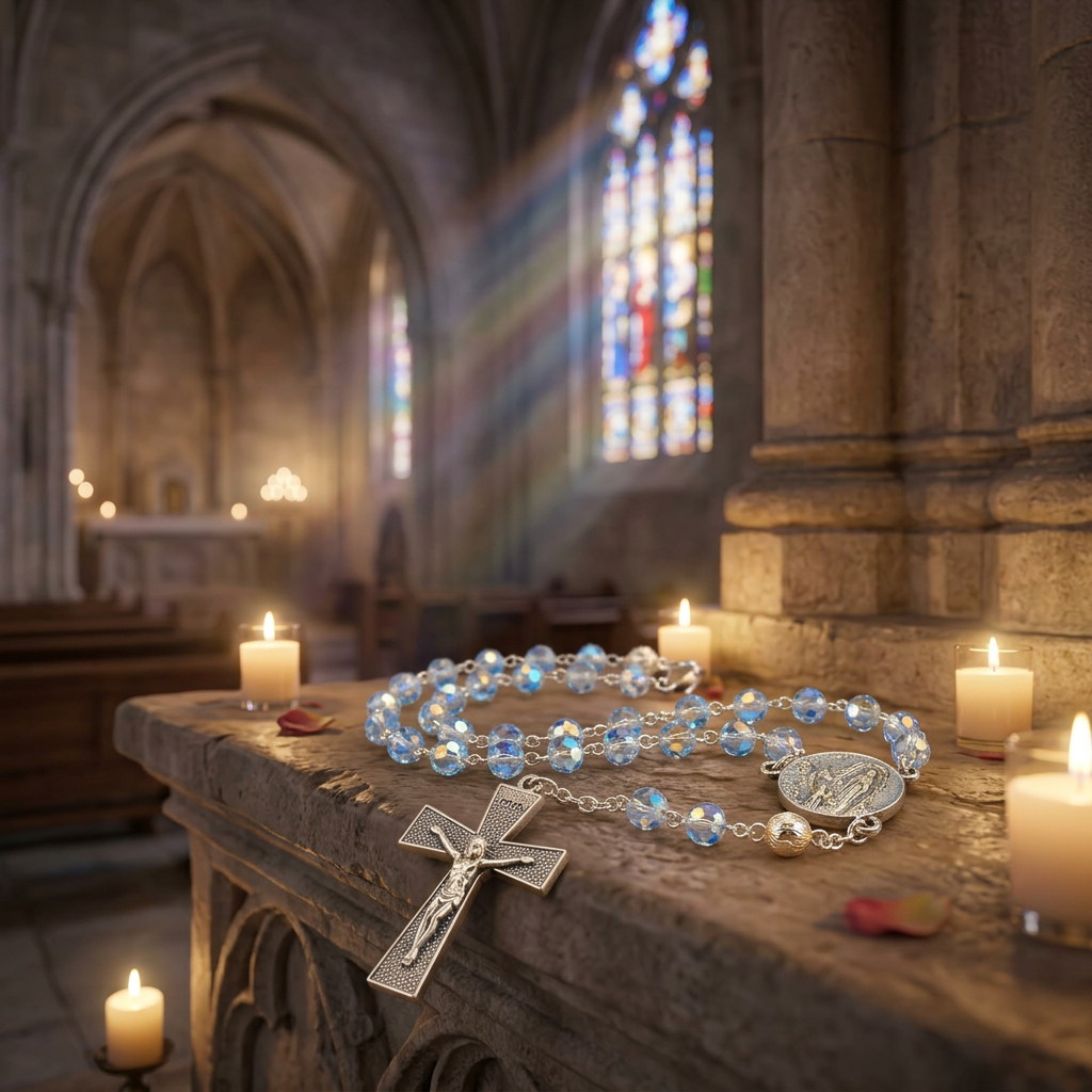 Face du médaillon de Lourdes du chapelet bleu jean