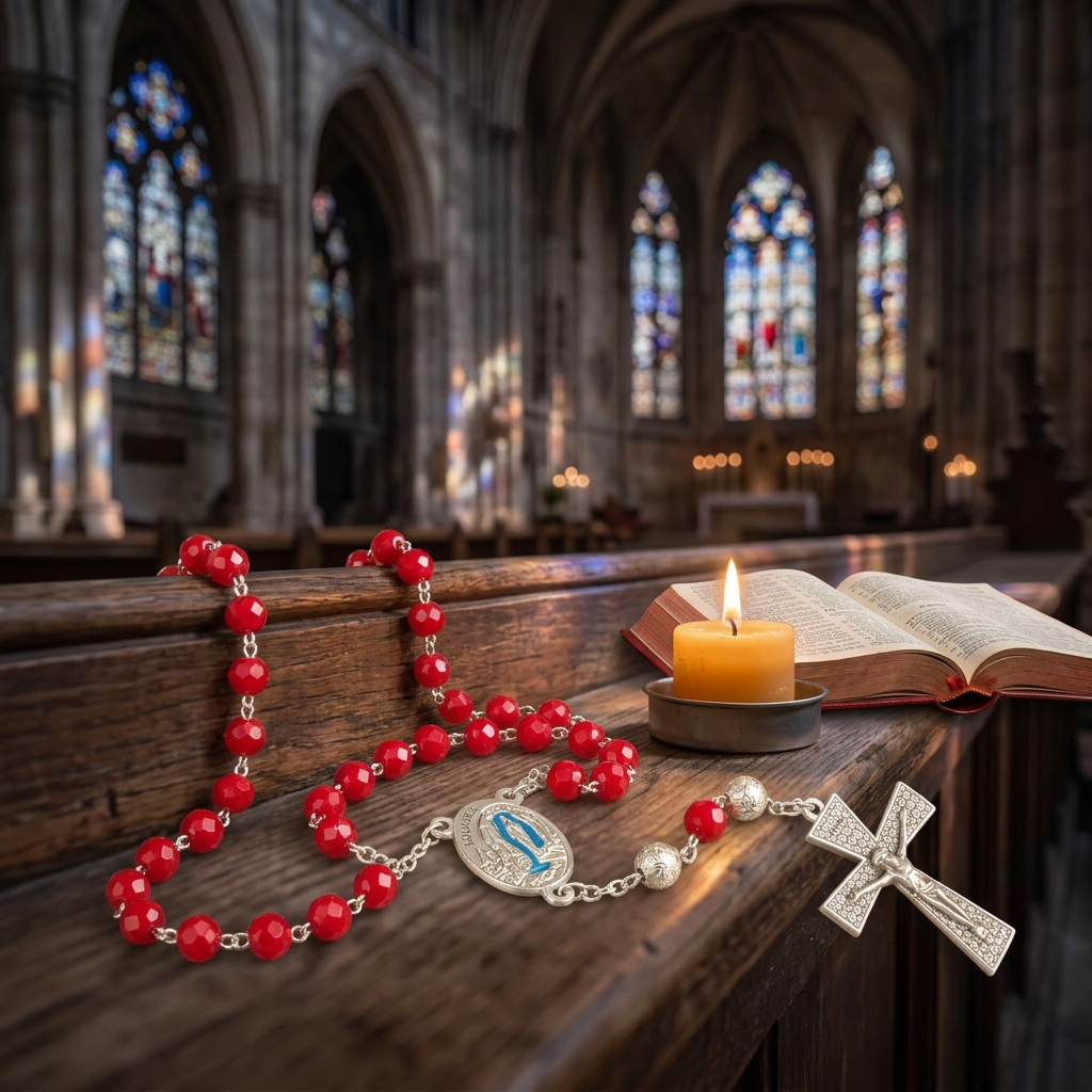 4-Rouge éclatant – Chapelet de Lourdes en perles facettées et plaqué argent, médaillon contenant de l’eau de Lourdes, croix argentée, fabriqué à Lourdes en France et béni par un prêtre, pour la prière et le recueillement