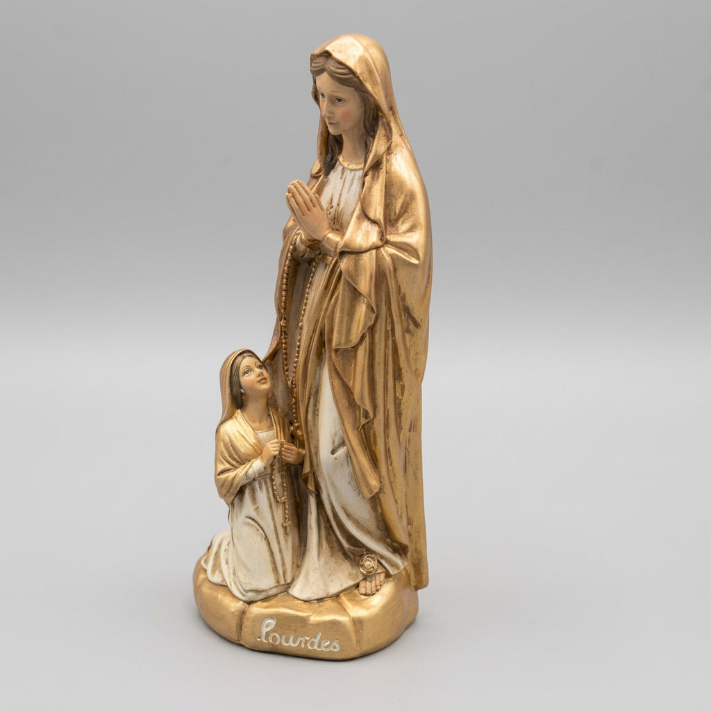 Photo réelle de la Vierge Marie dorée avec Bernadette, taille à confirmer