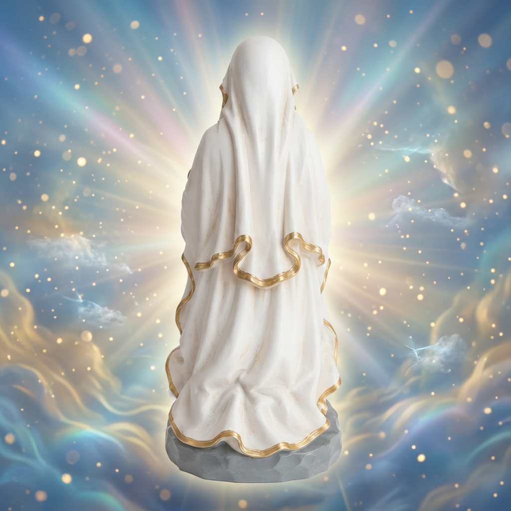 Lourdes Vierge Marie EVT 160 statue religieuse agenouillée de 25 cm en résine au Cœur Immaculé rouge fleuri amovible, voile blanc aux finitions dorées, décoration catholique pour la prière et le recueillement