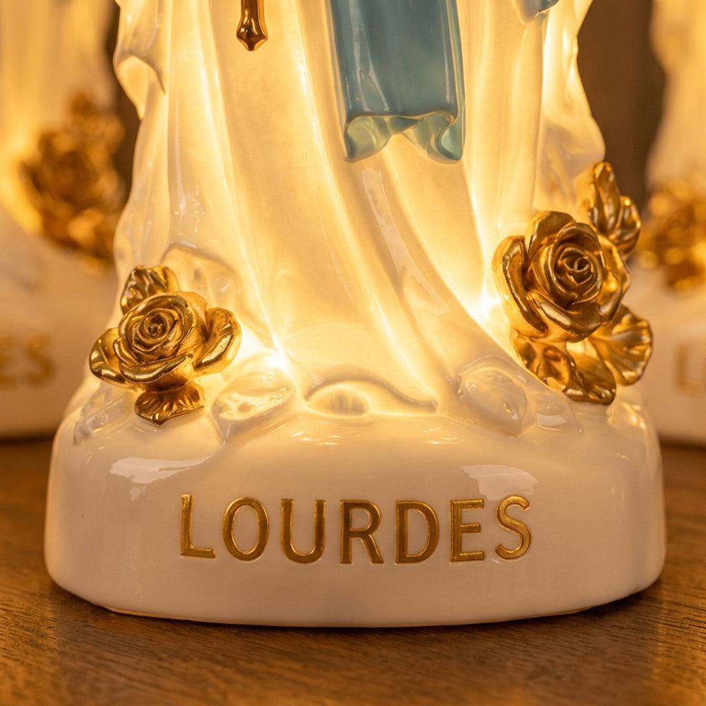Lumière sacrée – Lampe Vierge Marie Notre-Dame de Lourdes 40 cm, veilleuse de chevet électrique à prise et interrupteur, statue lumineuse blanche et bleu turquoise, fabriquée à Lourdes et bénie