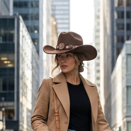 CP2 chapeau de cowboy western en feutre style country chic disponible en plusieurs designs motifs peau de vache audacieux ou finitions brodées élégantes avec ceinture bijou idéal pour soirée country et look bohème