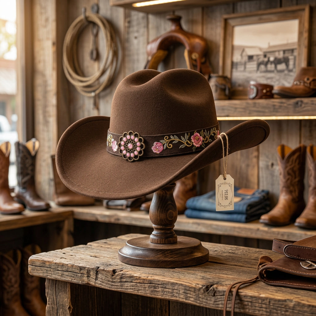 CP2 chapeau de cowboy western en feutre style country chic disponible en plusieurs designs motifs peau de vache audacieux ou finitions brodées élégantes avec ceinture bijou idéal pour soirée country et look bohème