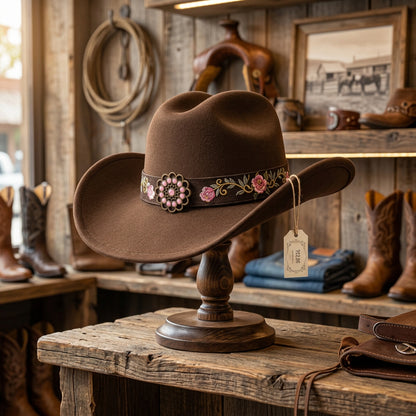 CP2 chapeau de cowboy western en feutre style country chic disponible en plusieurs designs motifs peau de vache audacieux ou finitions brodées élégantes avec ceinture bijou idéal pour soirée country et look bohème