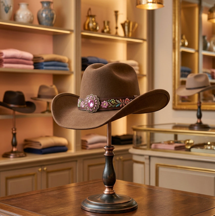CP2 chapeau de cowboy western en feutre style country chic disponible en plusieurs designs motifs peau de vache audacieux ou finitions brodées élégantes avec ceinture bijou idéal pour soirée country et look bohème