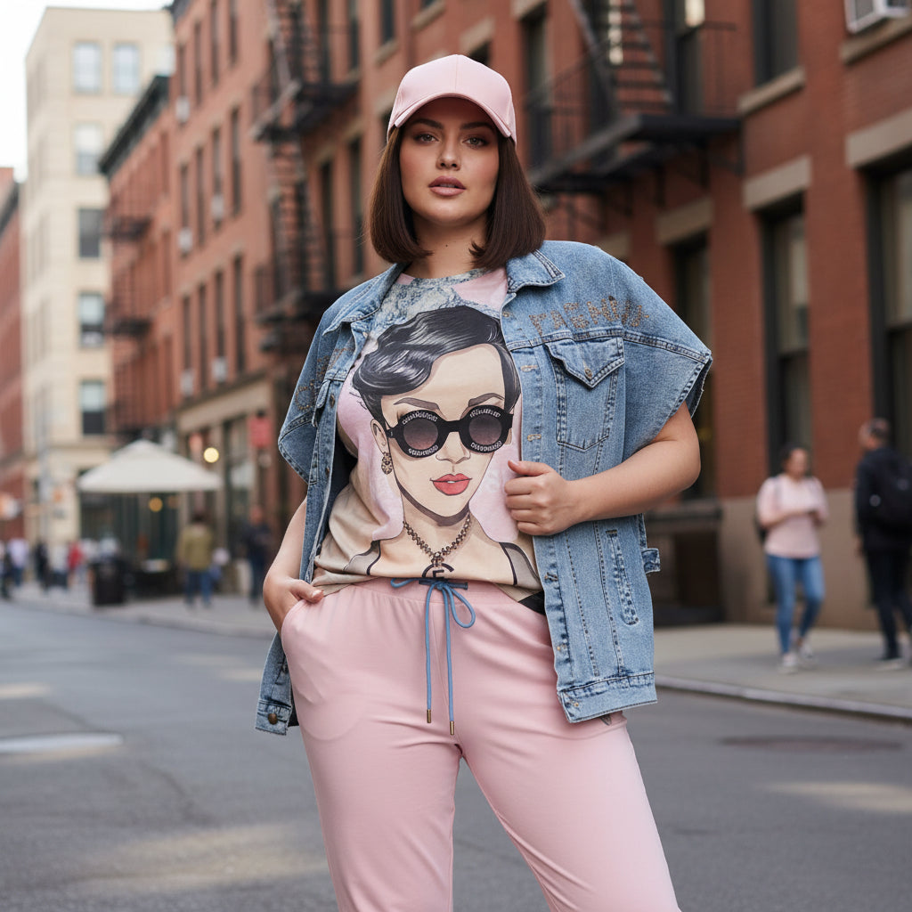 3807 CHARLYSE FASHION Ensemble trois pièces jogging rose veste jeans sans manches ornée de strass  top graphique premium &amp; pantalon fluide rose look streetwear chic et luxueux tenue complète tendance