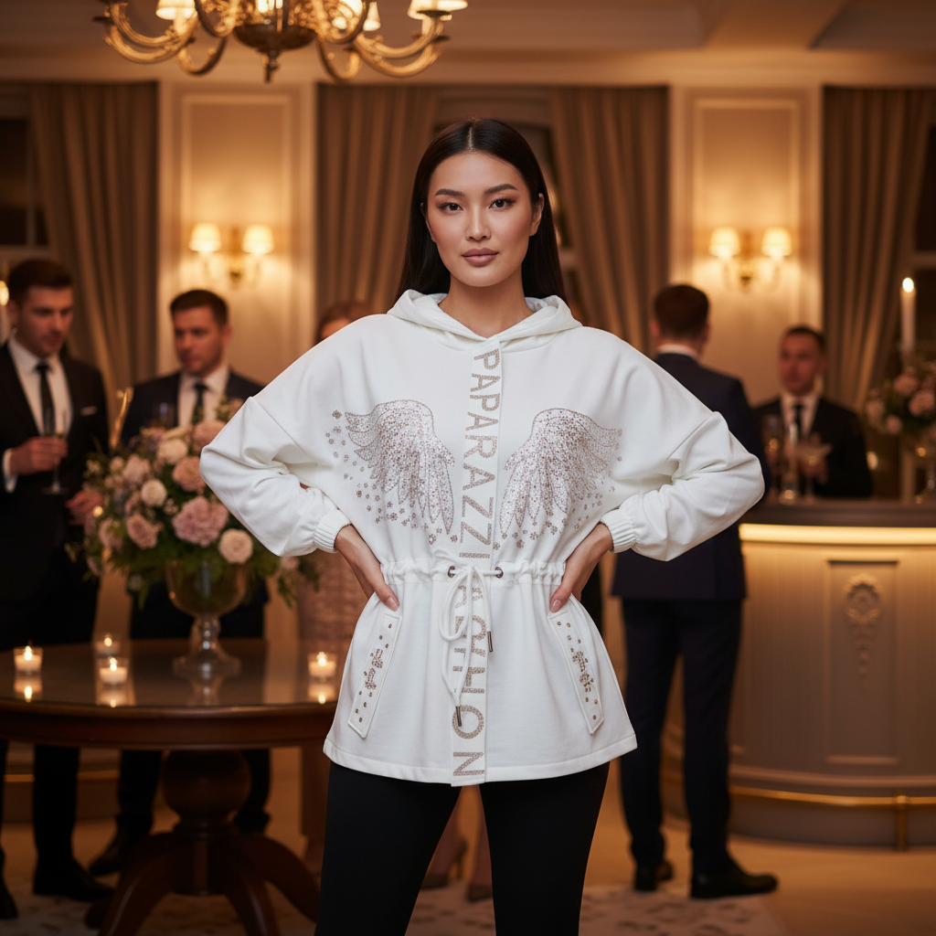 PAPARAZZI 0075 ENSEMBLE 2 pièces : pantalon et sweat à capuche blanc chic avec ailes en strass dorés - coupe oversize ajustable à la taille et détails bijoux Paparazzi - style urbain glamour et confort premium