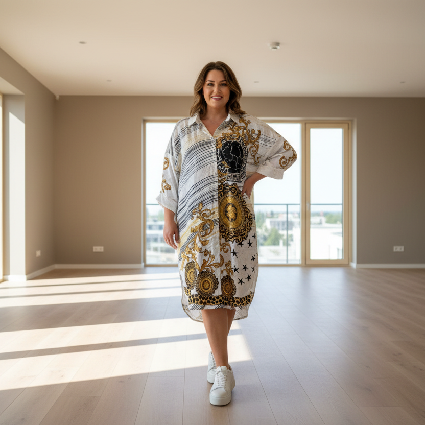 0511 ROBE CHEMISE : Chemise longue oversize style baroque – motif chaînes et médaillons dorés – portée en robe ou tunique look chic et audacieux blanche et or Imprimée coupe fluide confortable