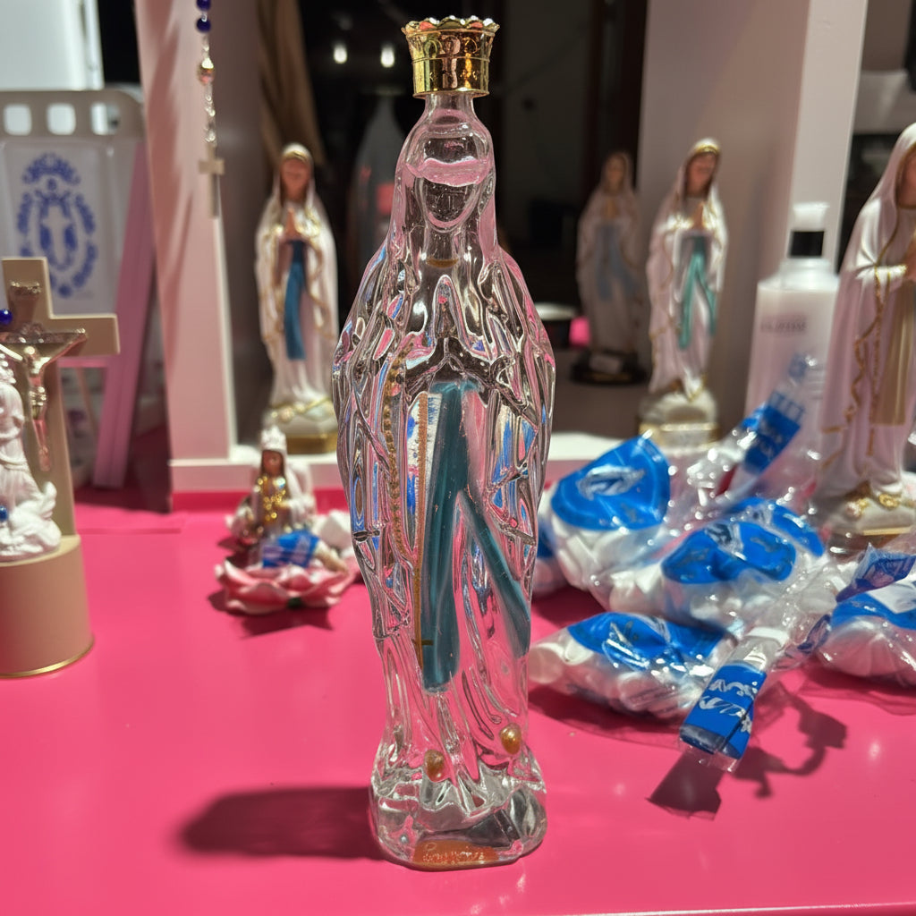 Bouteille sainte en verre forme de la vierge marie d’eau de lourdes authentique bénite par un prêtre et passée sous la grotte dévotion spirituelle sanctuaire sanctuaire pèlerinage souvenir religieux
