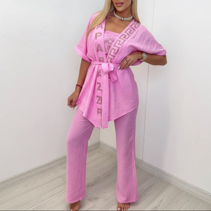 PAPARAZZI Ensemble trois pieces TU 36/40 rose bonbon 3069 : pantalon fluide évasé, caraco assorti et veste kimono oversize ornée d&