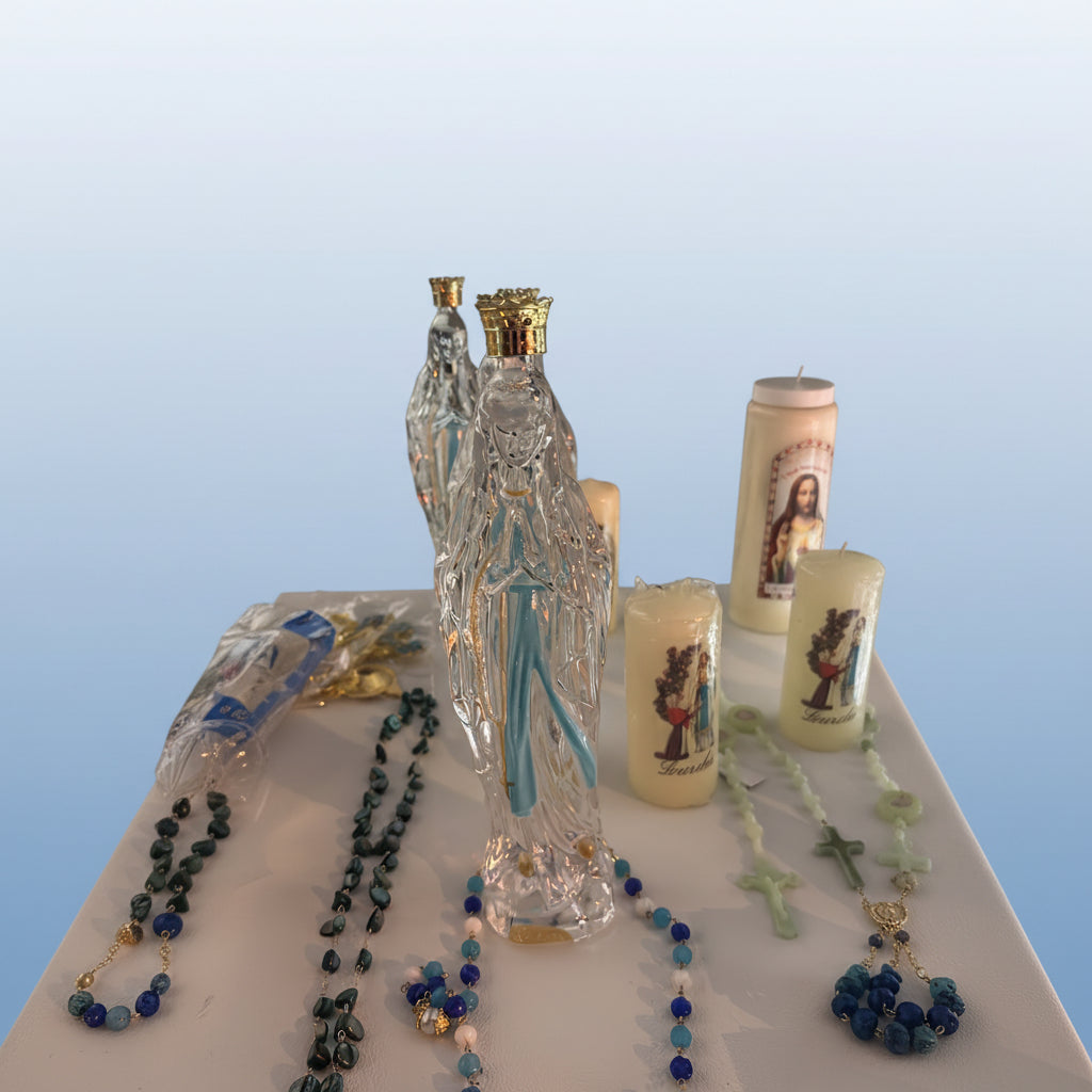 Bouteille sainte en verre forme de la vierge marie d’eau de lourdes authentique bénite par un prêtre et passée sous la grotte dévotion spirituelle sanctuaire sanctuaire pèlerinage souvenir religieux