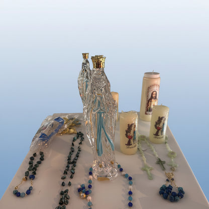 Bouteille sainte en verre forme de la vierge marie d’eau de lourdes authentique bénite par un prêtre et passée sous la grotte dévotion spirituelle sanctuaire sanctuaire pèlerinage souvenir religieux