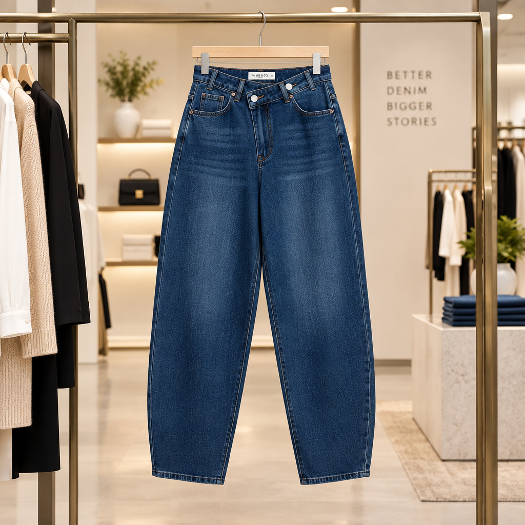 Jean balloon DX6064 – jean femme bleu délavé à taille haute avec fermeture asymétrique boutonnée, coupe large arrondie et cinq poches, style urbain tendance pour une tenue décontractée chic