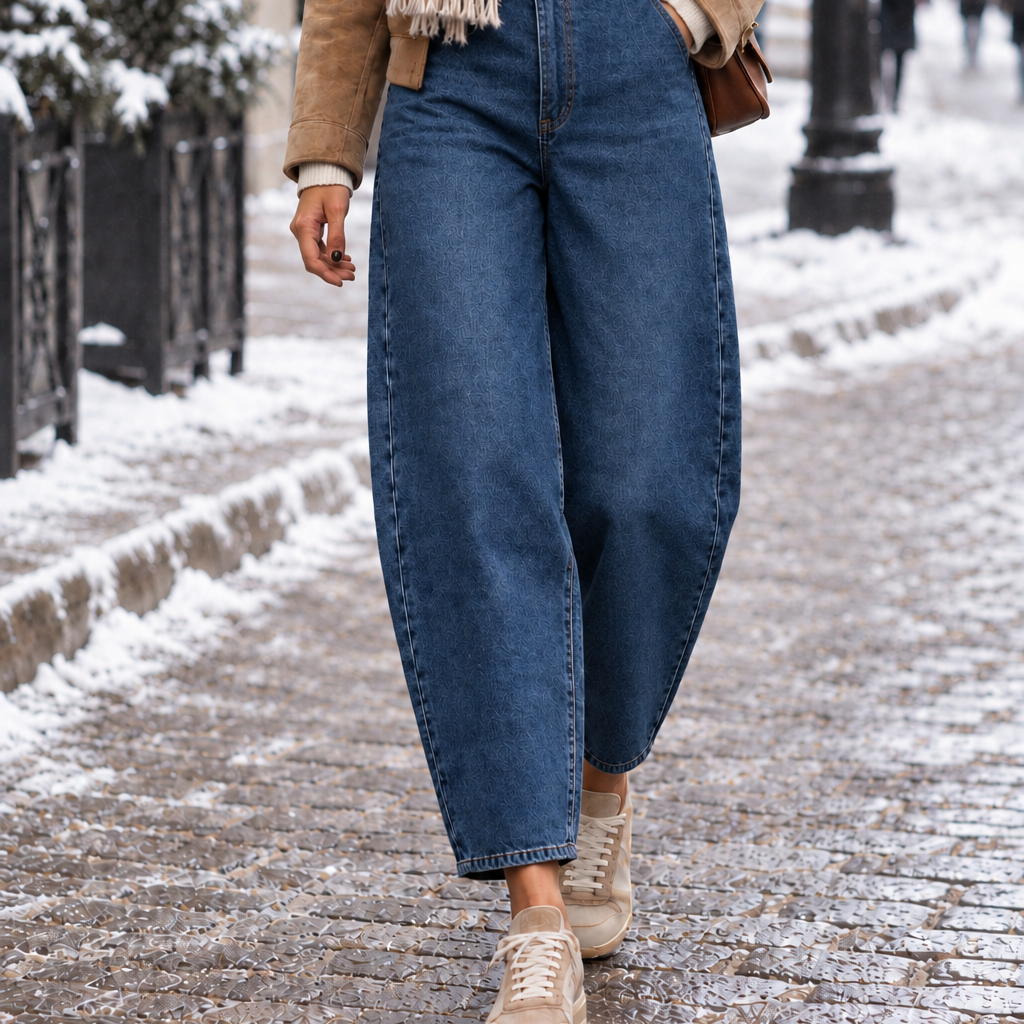 Jean balloon DX6064 – jean femme bleu délavé à taille haute avec fermeture asymétrique boutonnée, coupe large arrondie et cinq poches, style urbain tendance pour une tenue décontractée chic