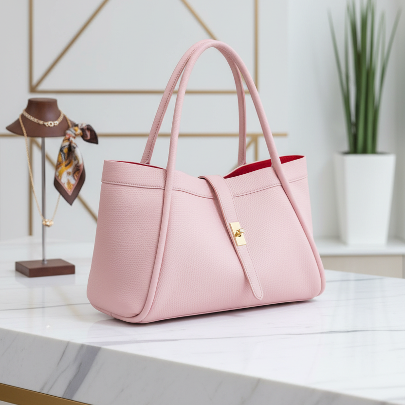 SAC A MAIN 5934 L’élégance intemporelle ces  sacs présentent un design radicalement différent : un cuir grainé, une forme trapèze souple, une fermeture par bride centrale avec un fermoir rotatif métallique et un intérieur contrasté    42cmL/24cmH/18cmP