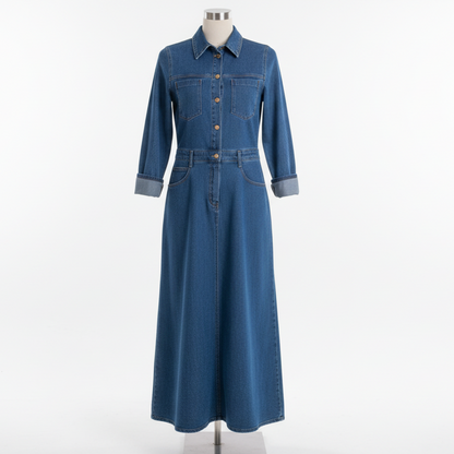 ROBE JEANS 5191 - style intemporel et confortable - boutonnage pression devant - poches poitrine et taille - coupe flatteuse - ideale pour toutes les saisons - tissu denim de qualité