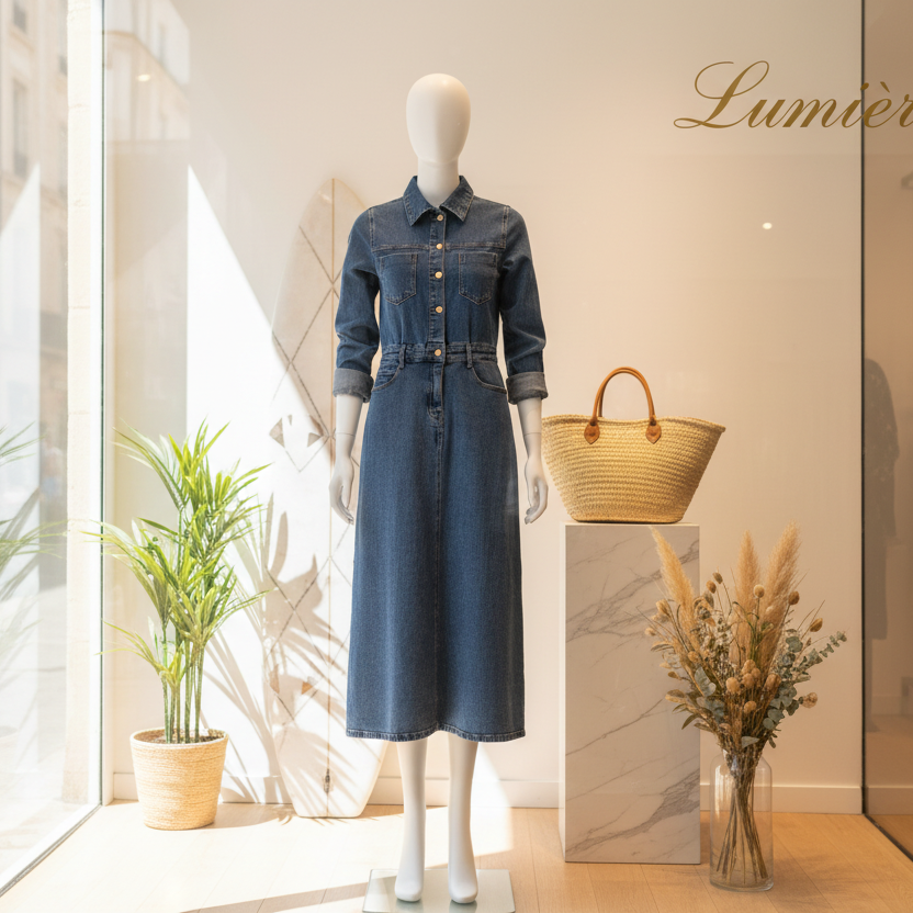 ROBE JEANS 5191 - style intemporel et confortable - boutonnage pression devant - poches poitrine et taille - coupe flatteuse - ideale pour toutes les saisons - tissu denim de qualité
