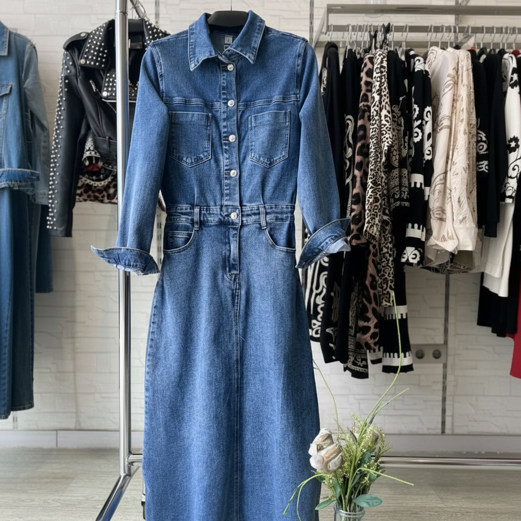 ROBE JEANS 5191 - style intemporel et confortable - boutonnage pression devant - poches poitrine et taille - coupe flatteuse - ideale pour toutes les saisons - tissu denim de qualité