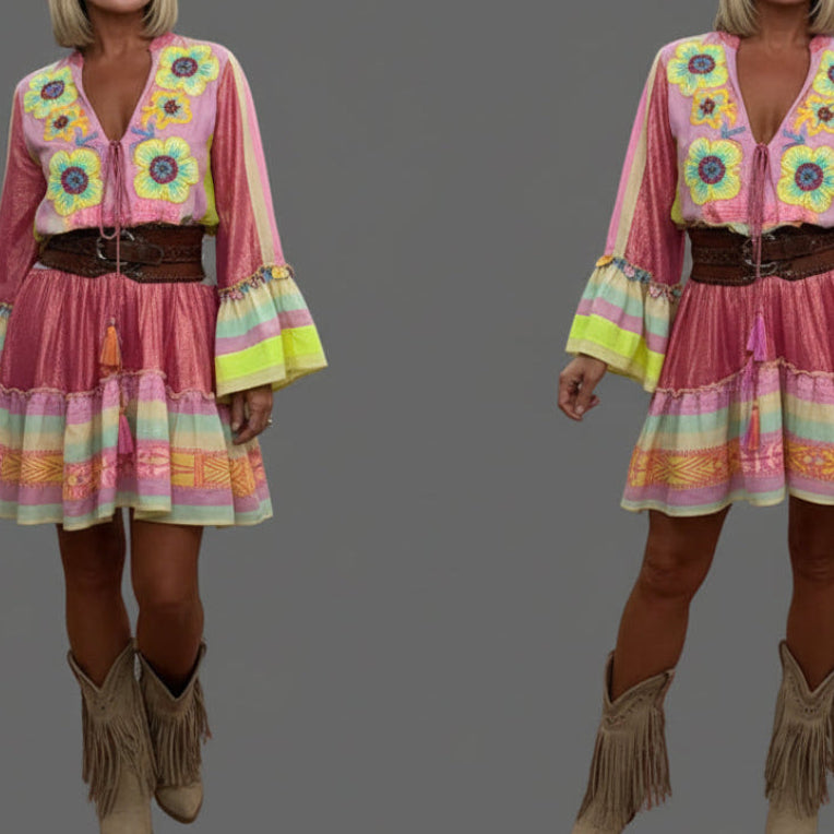 ROBE BOHÈME CHIC PAP74 ; Taille Unique :  Robe 🌵 look cowgirl moderne avec broderies ethniques &amp; manches évasées