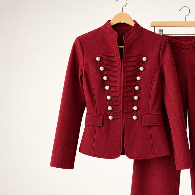 Veste officier 6056 – veste femme rouge bordeaux cintrée avec col montant, boutons dorés et détails de cordon sur le devant, style militaire chic pour les sorties