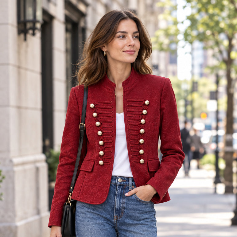 Veste officier 6056 – veste femme rouge bordeaux cintrée avec col montant, boutons dorés et détails de cordon sur le devant, style militaire chic pour les sorties