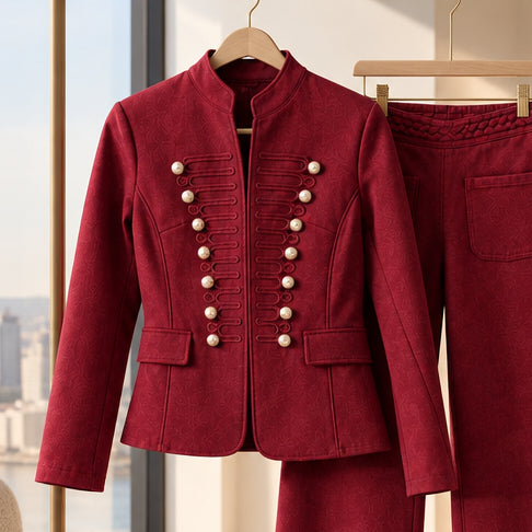 Veste officier 6056 – veste femme rouge bordeaux cintrée avec col montant, boutons dorés et détails de cordon sur le devant, style militaire chic pour les sorties