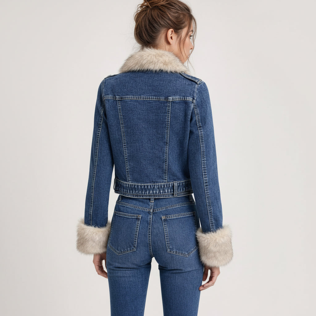 Perfecto denim 001 – veste courte femme en jean bleu délavé avec col et poignets en fausse fourrure beige, fermeture zippée asymétrique et ceinture ajustable, style rock chic automne hiver