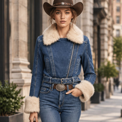Perfecto denim 001 – veste courte femme en jean bleu délavé avec col et poignets en fausse fourrure beige, fermeture zippée asymétrique et ceinture ajustable, style rock chic automne hiver